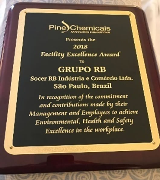 Grupo RB recebe prêmio internacional promovido pela  Pine Chemicals Association Internacional
