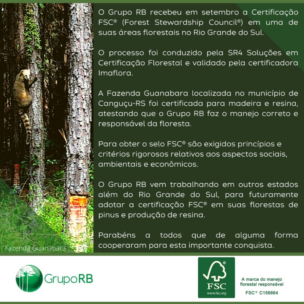 O Grupo RB recebeu a certificação FSC® (Forest Stewardship Council®)
